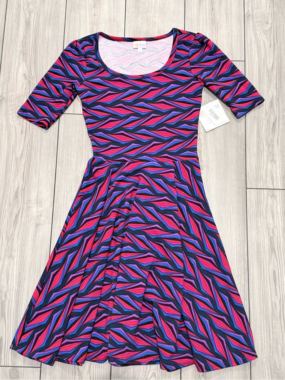 LuLaRoe Pink, Blue & Black Geometric Midi Dress